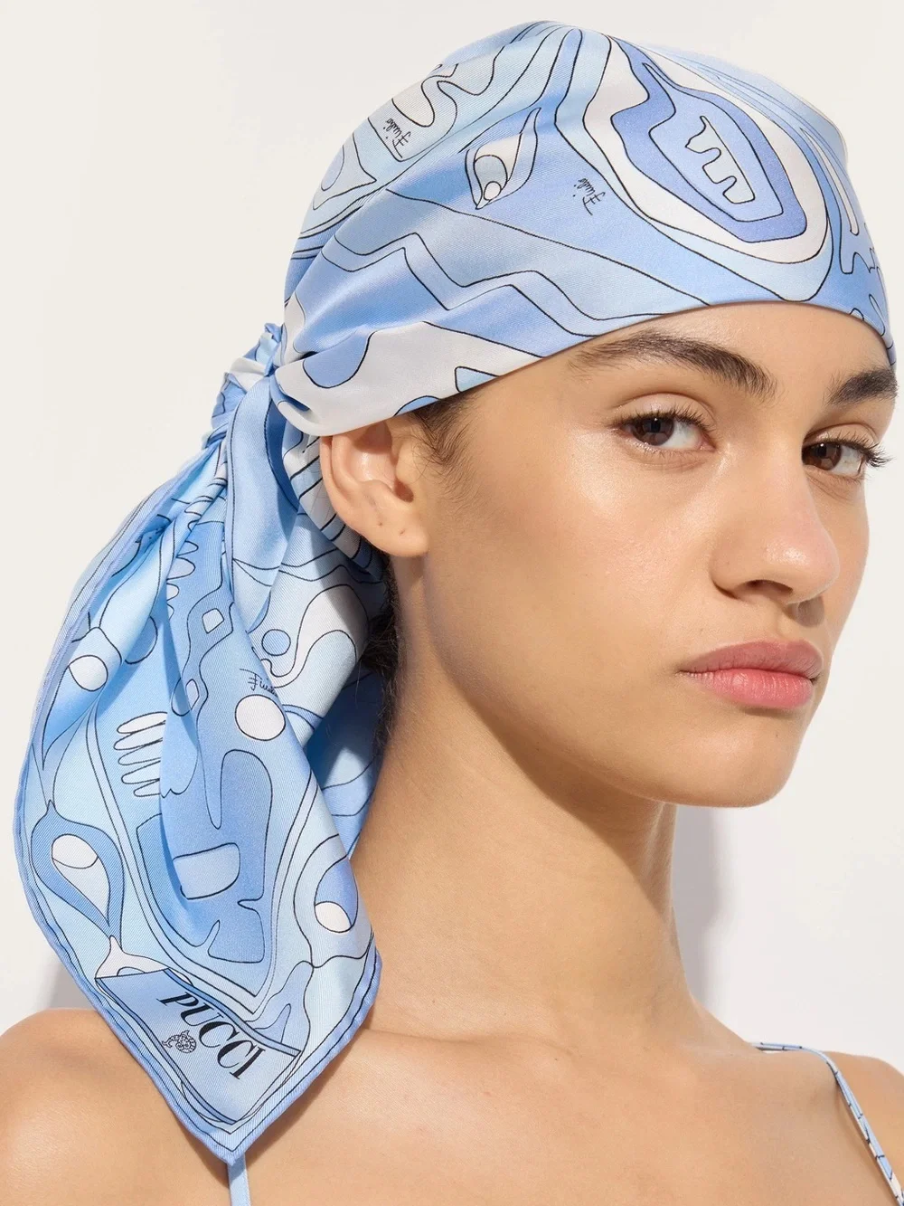 Blue Abstract Silk Scarf with White Accents
